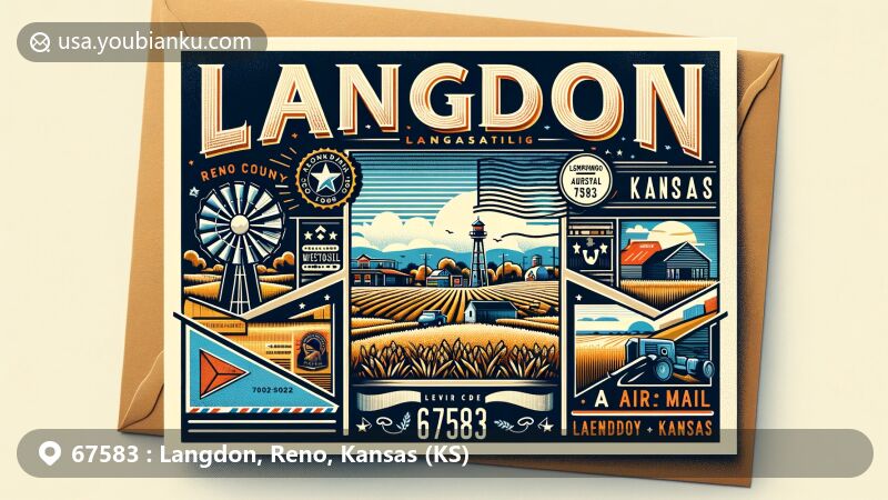 Modern illustration of Langdon, Reno County, Kansas, capturing essence of ZIP code 67583 with rural and agricultural symbols, vintage postcard motifs, and vibrant colors.