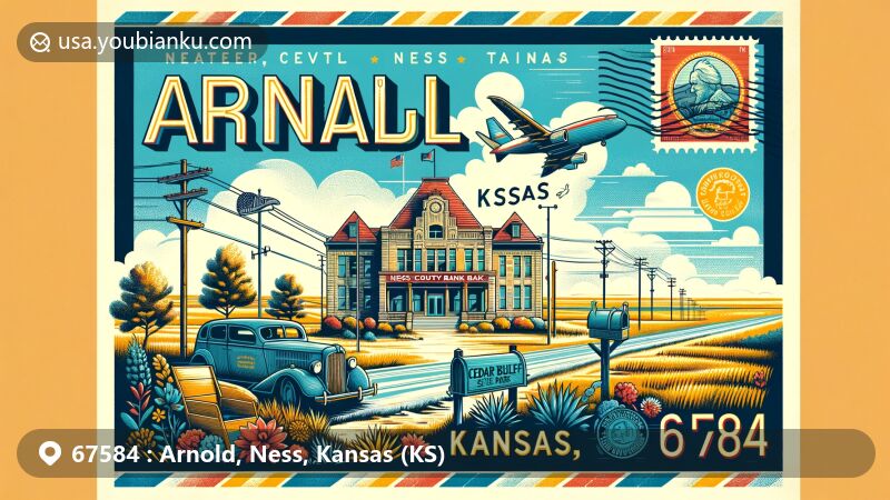Modern wide-format illustration of Arnold, Ness, Kansas (KS) with ZIP code 67584, featuring Ness County Bank Building and Cedar Bluff State Park, capturing essence of local landscape and culture.