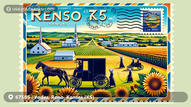 Modern illustration of Yoder, Reno County, Kansas (KS), highlighting Amish community with horse-drawn carriages, traditional quilts, and Reno County geography, incorporating sunflowers, Kansas state flag, and rural landscape.