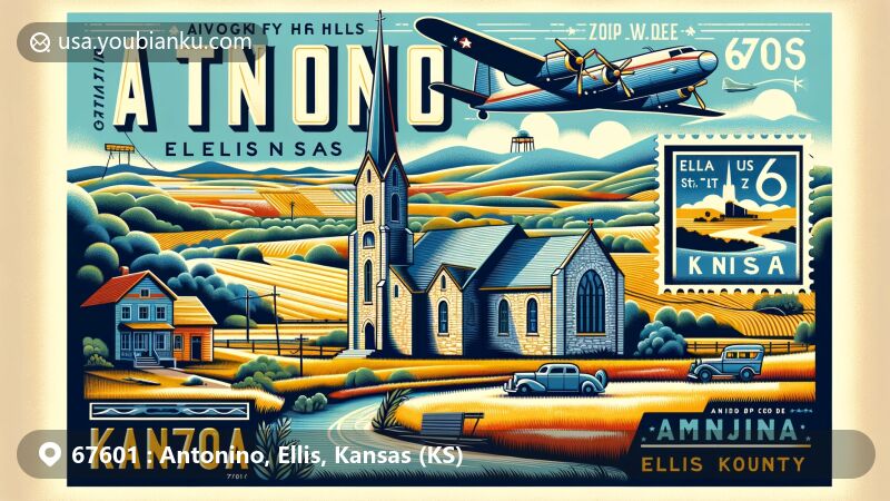 Modern illustration of Antonino, Ellis, Kansas, represented by postal code 67601, showcasing Smoky Hills region and Smoky Hill River, featuring Volga German heritage with a stone church symbolizing St. Francis Church in Munjor and St. Fidelis Basilica, along with a postal stamp depicting Kansas and Ellis County outlines and prominent ZIP code '67601'.