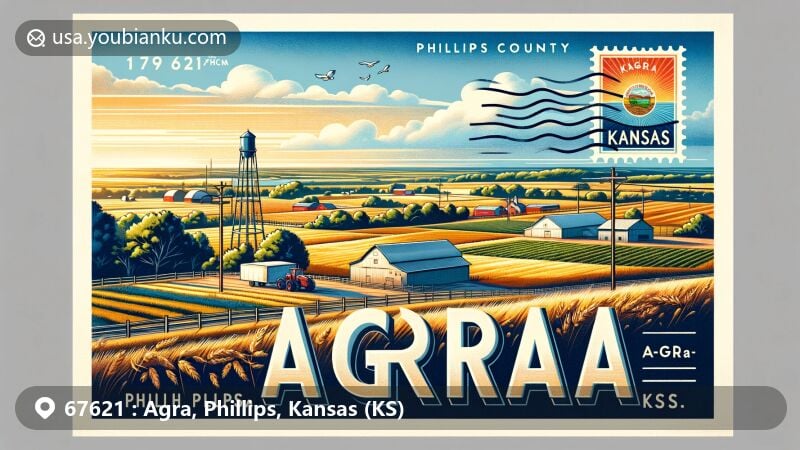 Modern illustration of Agra, Kansas, showcasing rural charm and agricultural landscape, integrated with postal elements. Features characteristic farmlands, farms, and Phillips County outline within Kansas, designed as a picturesque postcard with '67621 Agra, KS' at the top and a postmark with 'Phillips County'. Vibrant colors and smooth lines in a contemporary style.
