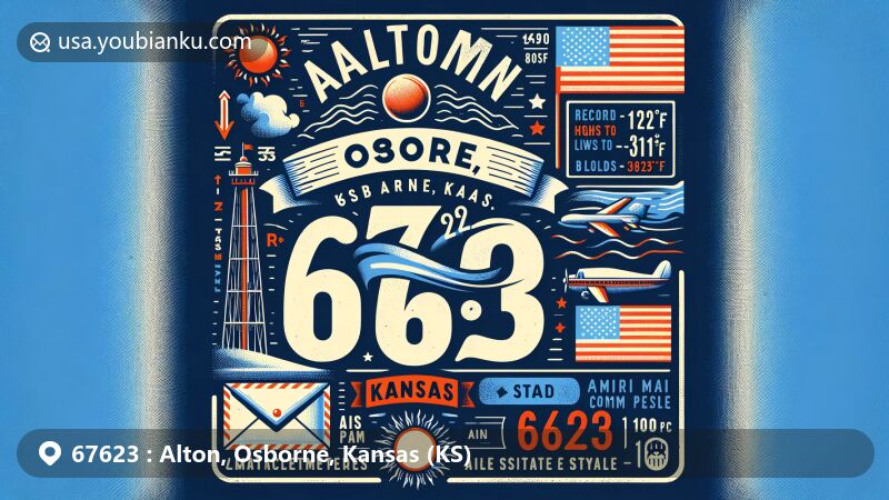 Modern illustration of Alton, Osborne, Kansas, capturing the unique climate conditions with record highs of 121°F and lows of -31°F, featuring the Kansas state flag and emphasizing the area's extreme weather diversity.