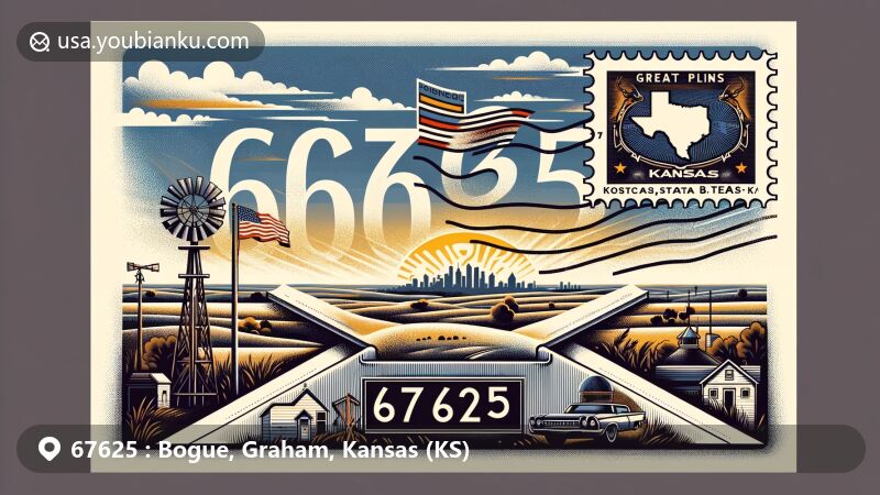 Modern illustration of Bogue, Kansas, embodying the serene and vast Great Plains landscape with the Kansas state flag and a hint of the geographic region, while showcasing a vintage postal envelope featuring the '67625' ZIP Code and postal symbols.