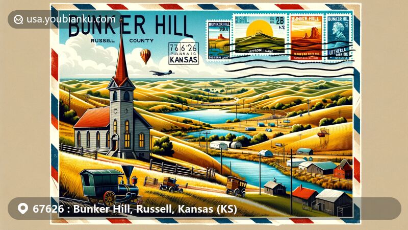 Modern illustration of Bunker Hill, Russell County, Kansas, capturing the essence of the Smoky Hills and Wilson Lake landscapes, featuring the 1872 Lutheran church and a vintage postal scene with airmail envelope and local landmark stamps.