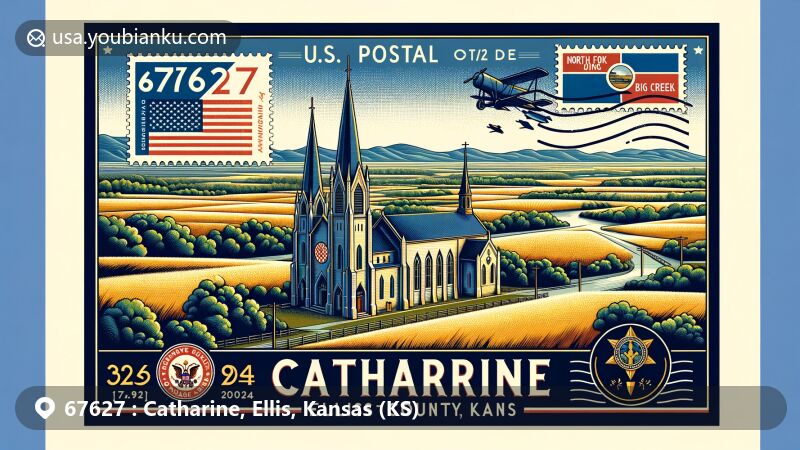 Modern illustration of Catharine, Ellis County, Kansas, featuring St. Catherine Catholic Church, North Fork Big Creek, and Smoky Hills region. Includes postal elements with ZIP code 67627 and Kansas state flag.