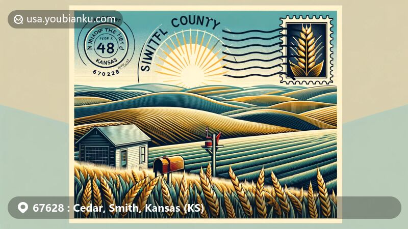 Modern illustration of Cedar, Smith County, Kansas, with ZIP code 67628, highlighting agricultural heritage with wheat fields and postal theme.