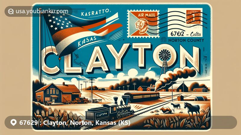 Modern illustration of Clayton, Kansas, showcasing postal theme with ZIP code 67629, featuring Kansas state flag, silhouette of Norton County, historical train depiction, and agricultural elements.