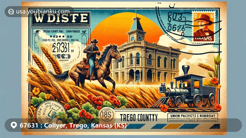Modern illustration of Collyer, Trego County, Kansas, showcasing postal theme with ZIP code 67631, featuring Trego County Courthouse, Sheriff Allen's capture of horse thieves in 1882, vintage airmail envelope, Union Pacific Railroad depot stamp, and wheat fields.