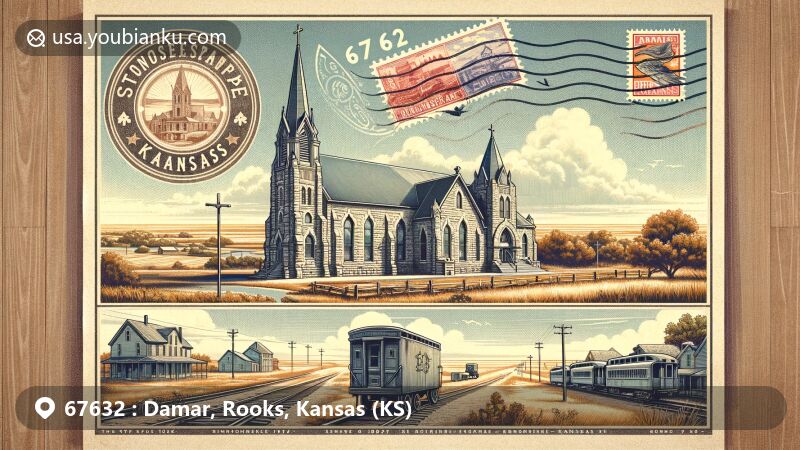 Modern illustration of Damar, Rooks, Kansas, showcasing St. Joseph Catholic Church, railroad, and Kansas landscape, with vintage postcard elements and postal theme.
