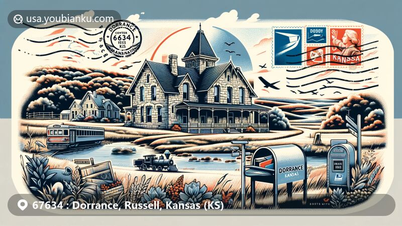 Modern illustration of Dorrance, Kansas, showcasing natural beauty and historical architecture, integrated with postal elements like postcards, stamps, and a classic mailbox.