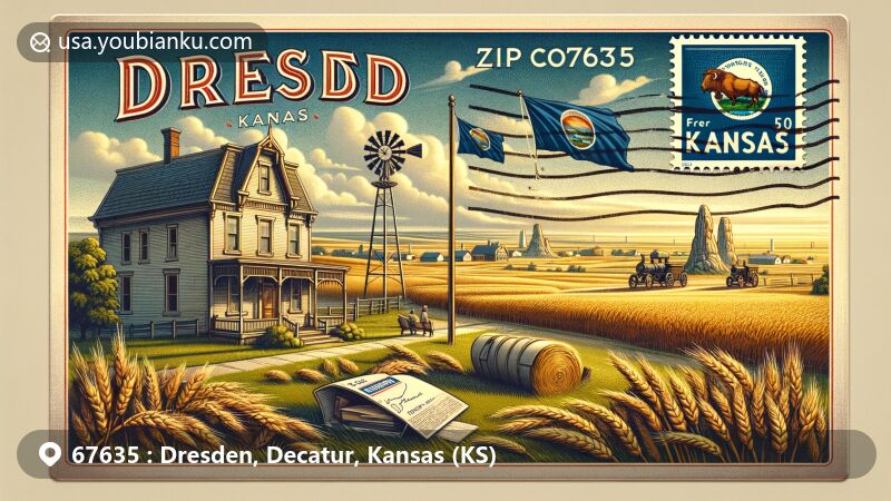 Modern illustration of Dresden, Kansas, highlighting vintage postcard theme and postal elements with ZIP code 67635, featuring Kansas plains, wheat fields, state flag, and Monument Rocks.