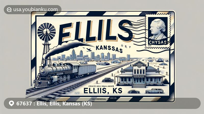 Modern illustration of Ellis, Kansas (KS) highlighting ZIP code 67637, featuring Ellis Railroad Museum and Walter P. Chrysler Boyhood Home & Museum, set against Kansas state flag backdrop.