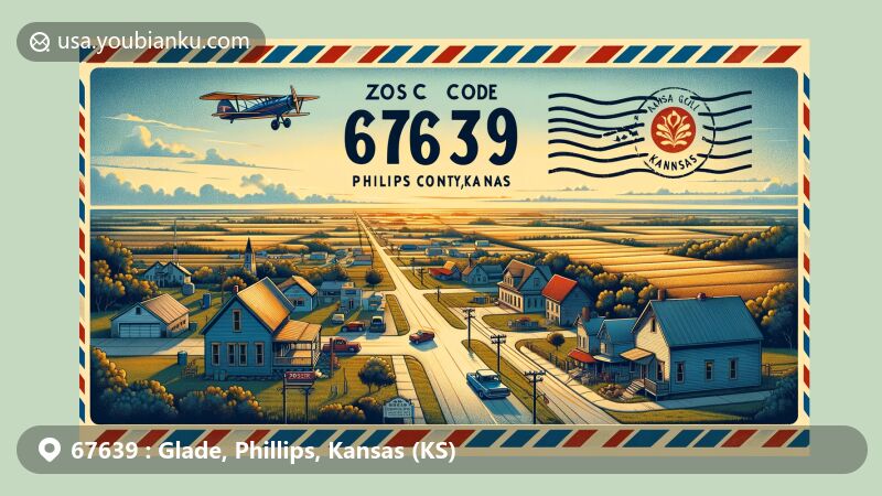 Modern illustration of Glade, Phillips County, Kansas, focusing on postal theme with ZIP code 67639, showcasing small village charm amidst vast Kansas plains.
