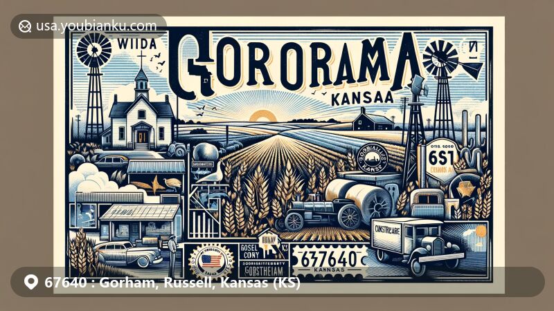 Modern illustration of Gorham, Russell, Kansas, capturing postal theme with ZIP code 67640, featuring local symbols like wheat fields, a school, and a construction crane, set against the backdrop of Kansas plains and sky.