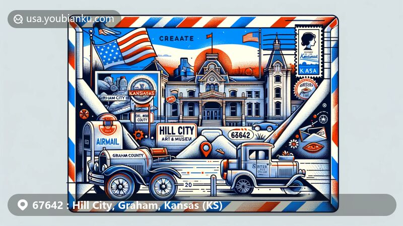 Modern illustration of Hill City, Graham County, Kansas, featuring Graham County Auto and Art Museum inside an airmail envelope with postal elements and Kansas state flag.