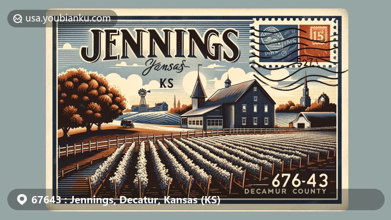 Creative illustration of Jennings, Kansas postal area with ZIP code 67643, featuring Wahlmeier Farms Vineyard and Decatur County history, showcasing retro-style postage stamps and postmarks, highlighting postal theme.