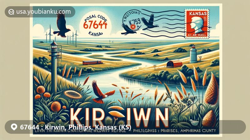 Modern illustration of Kirwin, Phillips County, Kansas, showcasing postal theme with ZIP code 67644, featuring Kirwin National Wildlife Refuge and diverse local wildlife.