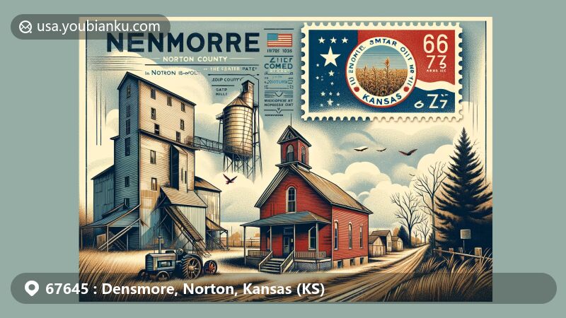 Modern illustration of Densmore, Norton County, Kansas, showcasing historical remnants of a nearly forgotten town with old grain elevator, dilapidated buildings, and Methodist Church, evoking nostalgia and passage of time, featuring Kansas state flag and postal elements like air mail envelope, postage stamp, and postmark with ZIP code 67645.
