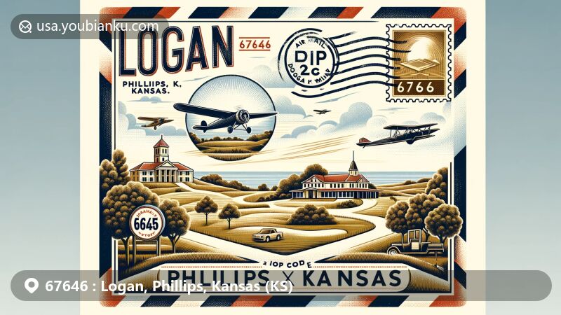 Modern illustration of Logan, Phillips County, Kansas, showcasing postal theme with ZIP code 67646, featuring Dane G. Hansen Museum, Logan Golf Course, and Logan Lake.
