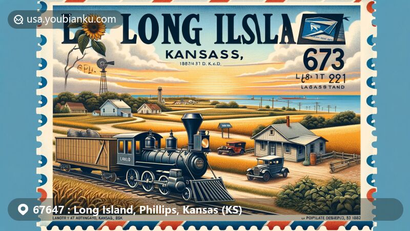 Modern illustration of Long Island, Phillips County, Kansas, featuring ZIP code 67647, showcasing rural charm, tight-knit community, and agricultural history with a backdrop of farmland and a small railroad.