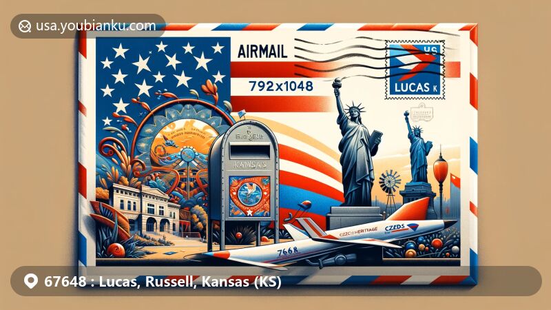 Modern illustration of Lucas, Russell, Kansas (KS), with ZIP Code 67648, featuring the flag of Kansas, Deeble Sculpture Garden sculpture, Czech Heritage Mural, American mailbox, and landmark stamp design.