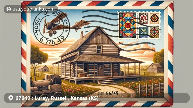 Modern illustration of Luray, Russell County, Kansas, featuring historic VanScoyoc log cabin and barn quilt art, with postal theme highlighting ZIP code 67649.