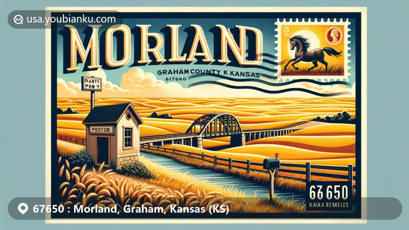 Modern illustration of Morland, Graham County, Kansas, highlighting the vast rolling prairies and golden grain fields of the area, featuring the iconic Pratt Pony Bridge and postal elements.