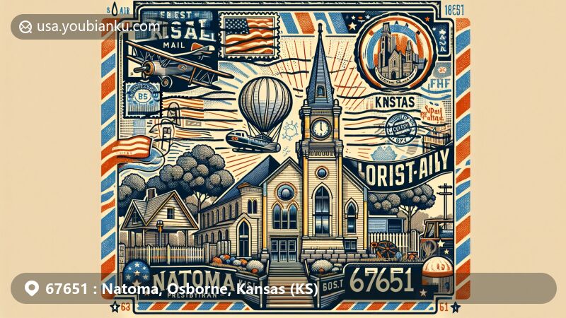 Modern illustration of Natoma, Kansas, showcasing postal theme with ZIP code 67651, featuring Natoma Presbyterian Church and Labor Day celebration, framed by vintage stamps and air mail envelope.