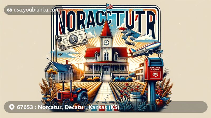 Modern illustration of Norcatur, Kansas, and Decatur County, blending postal themes, depicting small-town charm, agricultural roots, history since 1873, and community pride.