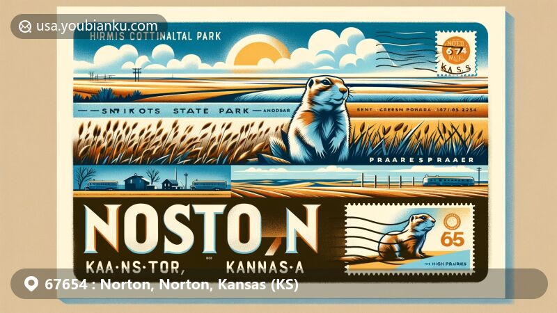 Modern illustration of Norton, Kansas, showcasing climate diversity with visuals of humid continental and semiarid zones, winter and summer scenes, and featuring Prairie Dog State Park with shortgrass prairies and possibly a prairie dog, high plains landscape, and a creative postcard design with ZIP code 67654.