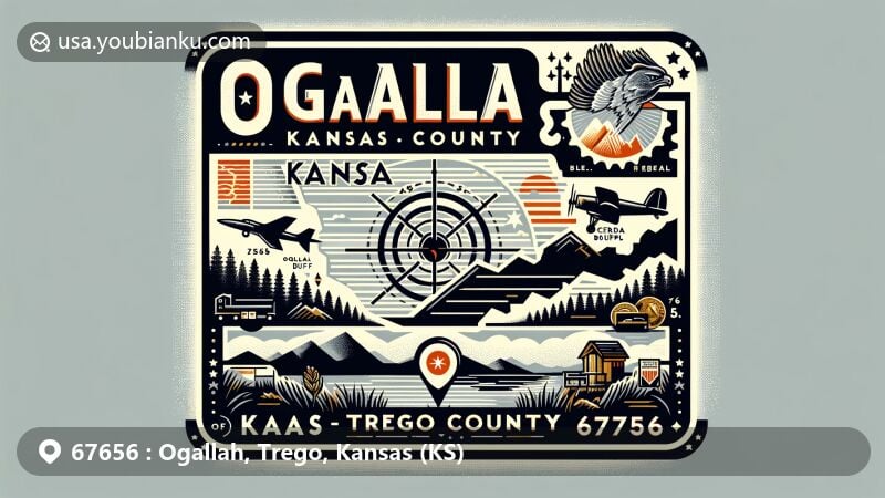 Modern illustration of Ogallah, Trego County, Kansas, featuring ZIP code 67656, showcasing location within Kansas, vintage postal theme with airmail envelope and stamps, Cedar Bluff Reservoir, and subtle nods to Oglala Lakota tribe.