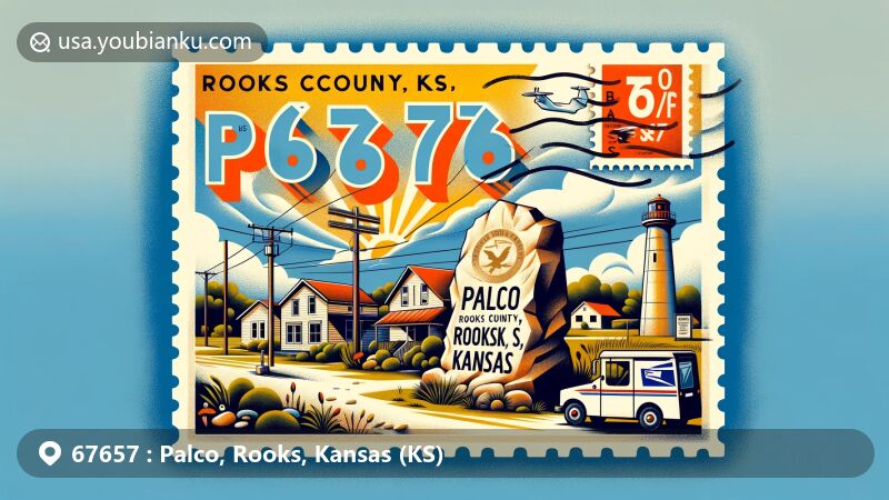 Modern illustration of Palco, Rooks County, Kansas, with ZIP code 67657, capturing the essence of a quaint community with a humid subtropical climate, featuring local landmarks and postal elements.