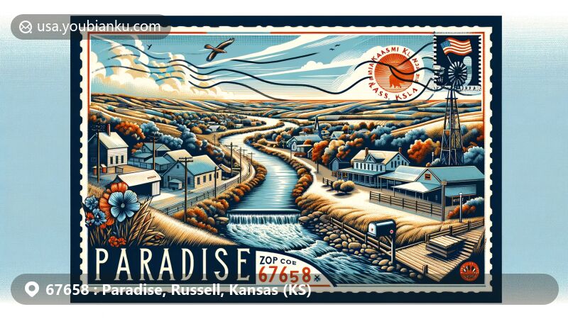 Modern illustration of Paradise, Kansas (KS), capturing the town's unique charm with references to its location in north-central Kansas near the Smoky Hills region and on the north bank of Paradise Creek. Features rural landscapes, references to limestone construction, and vintage postal elements like an airmail envelope and Kansas state flag stamp.