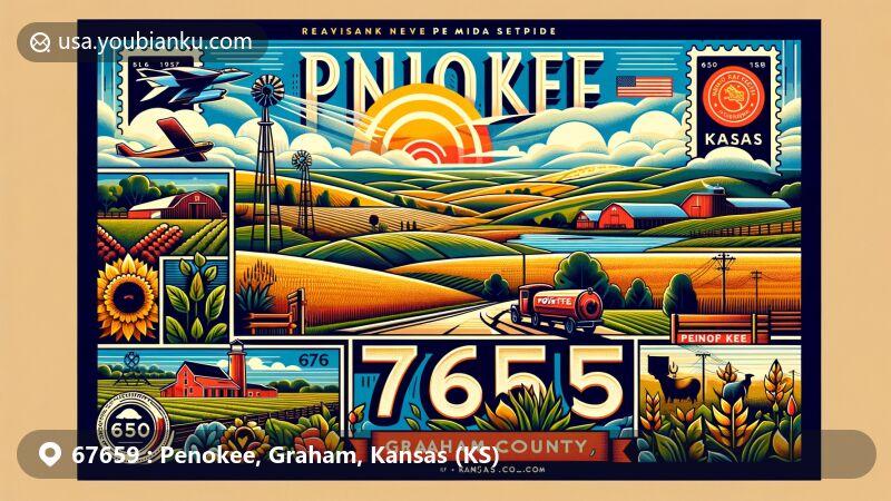Modern illustration of Penokee area, Graham County, Kansas, inspired by ZIP code 67659, showcasing Solomon Valley's agricultural landscape and Kansas state symbols.