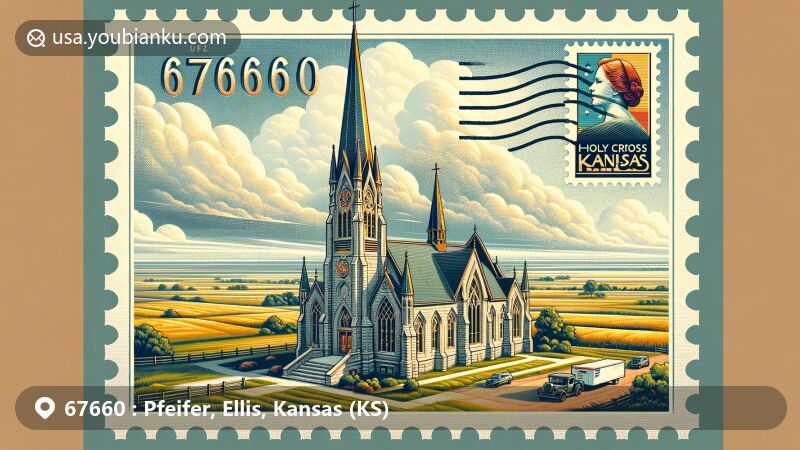 Modern illustration of Holy Cross Church in Pfeifer, Ellis County, Kansas, highlighting its Gothic architecture and central spire, along with Great Plains landscape and postal elements like vintage stamp and ZIP Code 67660.