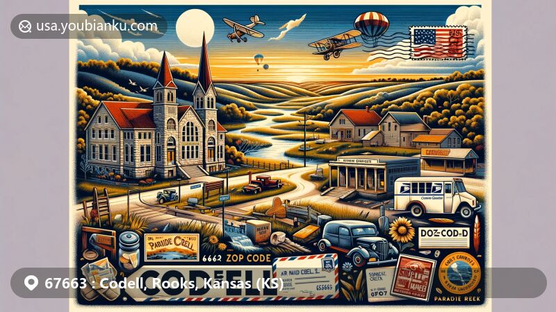 Modern illustration of Codell, Rooks County, Kansas, showcasing historic landmarks including limestone school, Cougar Gymnasium, tornado-resistant church, Paradise Creek, and King Hill view, inspired by 'Paper Moon', with vintage postal elements and ZIP code 67663.