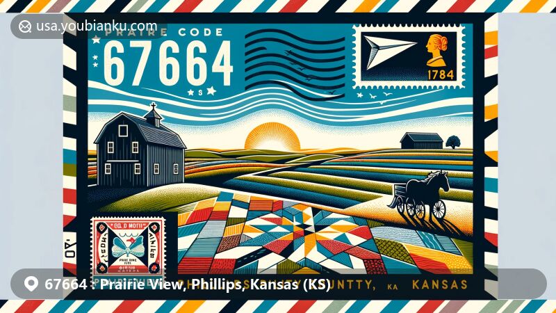 Modern illustration of Prairie View, Phillips County, Kansas, highlighting postal theme with ZIP code 67664, featuring iconic prairie landscape, barn quilt pattern, vintage postal elements, and establishment history.