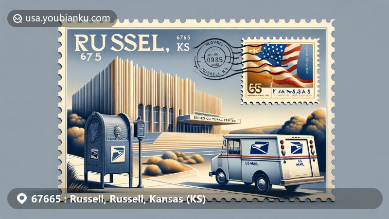 Modern illustration of Deines Cultural Center in Russell, Kansas, featuring postal theme with ZIP code 67665, including Kansas state flag, traditional mailbox, and US Mail truck.