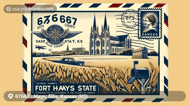 Modern illustration of Hays, Ellis County, Kansas, showcasing postal theme with ZIP code 67667, featuring Fort Hays State University, Cathedral of the Plains, wheat field, and vintage airmail elements.