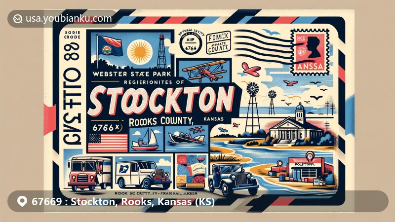 Modern interpretation of Stockton, Rooks County, Kansas with ZIP code 67669, featuring Webster State Park and the Frank Walker Museum, presented in postcard style with postal elements and local symbols.