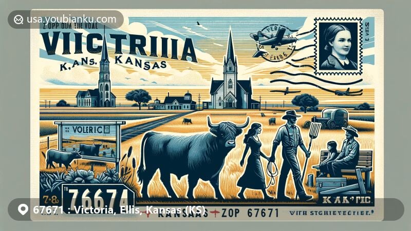 Modern illustration of Victoria, Kansas, showcasing postal theme with ZIP code 67671, featuring Volga German pioneer family statue, Aberdeen Angus cattle, and St. Fidelis Catholic Church.