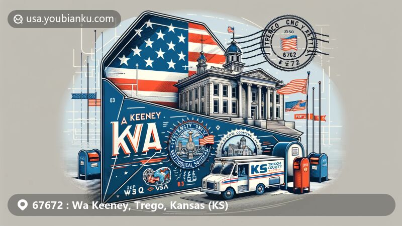 Modern illustration of Wa Keeney, Trego, Kansas (KS), featuring Trego County Historical Society Museum, Trego County Courthouse, air mail envelope with Kansas state flag, American flag elements, stamp with ZIP code 67672, mailboxes, mail van, and postmark.