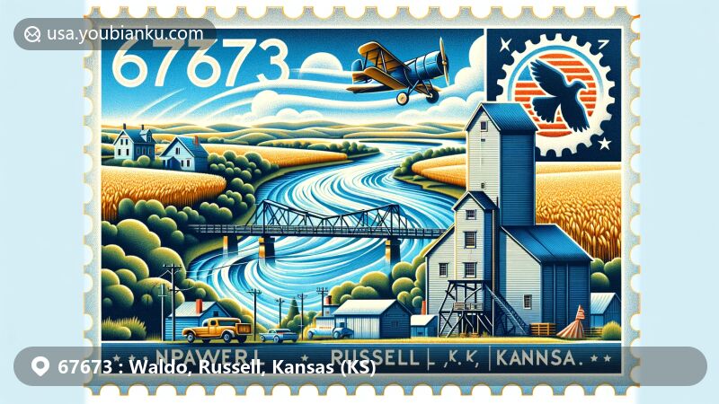 Creative wide-format illustration of Waldo, Russell, Kansas, showcasing Saline River, vintage grain elevator, and Independence Day celebration, with a stylized postal theme including ZIP Code 67673.