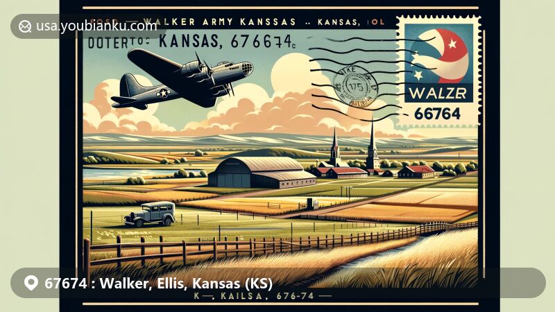 Modern illustration of Walker, Ellis, Kansas, showcasing unique geographical, historical, and cultural features with Walker Army Airfield, Smoky Hills region, and vintage airplane.