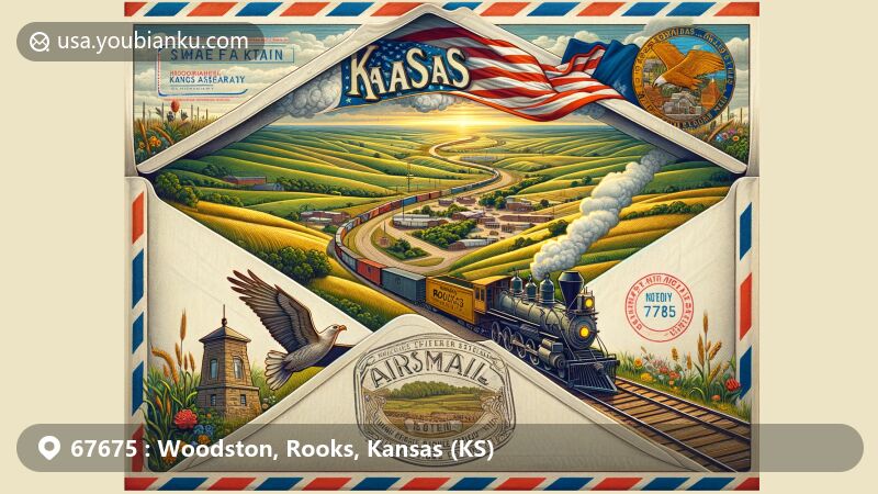 Vintage-style illustration of Woodston, Rooks County, Kansas, featuring airmail envelope with Missouri Pacific Railroad, Kansas landscape, state flag, Veterans Memorial, and postal elements like ZIP code 67675 and vintage stamp with sunflower.