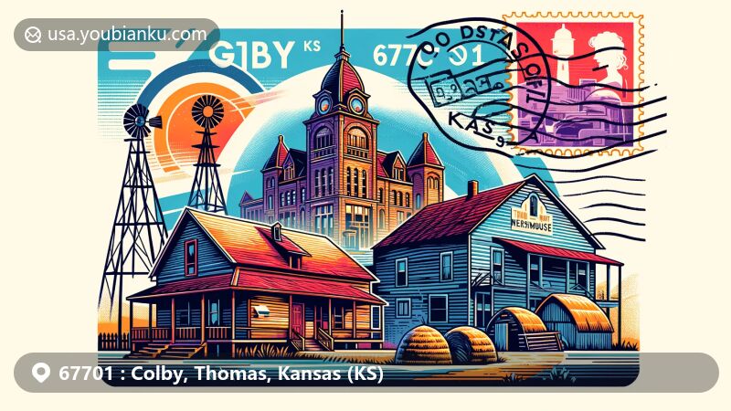 Modern illustration of Colby, Kansas (KS) showcasing Prairie Museum of Art and History with 1930s farm, sod house, Cooper Barn, and Thomas County Courthouse, integrated into a stylized postcard layout featuring stamps, postmarks ('Colby, KS 67701'), and airmail envelope border. Reflects cultural heritage and community spirit of Colby, avoiding overcrowding.