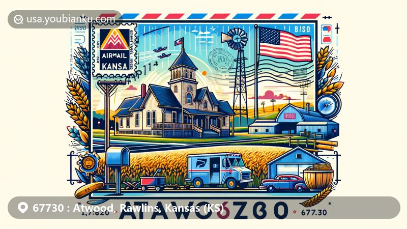 Modern illustration of Atwood, Rawlins County, Kansas, showcasing postal theme with ZIP code 67730, featuring Rawlins County Historical Museum and Kansas state flag.