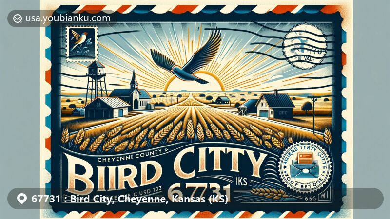 Modern illustration of Bird City, Cheyenne County, Kansas, showcasing postal theme with ZIP code 67731, featuring rolling wheat fields, Cheylin USD 103 schoolhouse, main street, and Kansas state flag stamp.