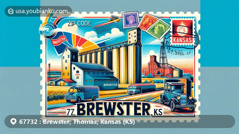 Modern illustration of Brewster, Kansas, emphasizing postal theme with ZIP code 67732, featuring grain elevators, 'Welcome to Brewster' mural, and Kansas state flag.