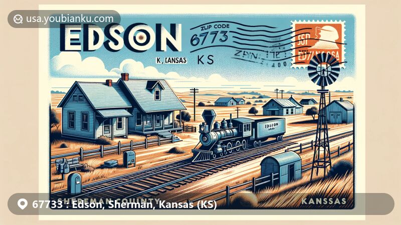 Modern illustration of Edson, Kansas, capturing its unincorporated community charm and semi-arid landscape, featuring vintage train and postal elements.